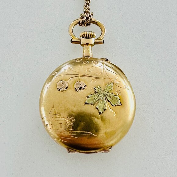 Solid Gold Pendant Pocket Watch + Gold Chain - Picture 3 of 12